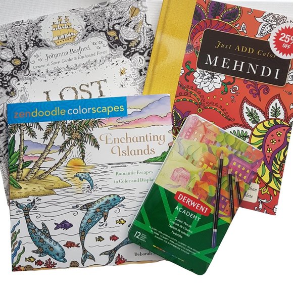Never Used - 3 Colouring Books + Pencil Crayons